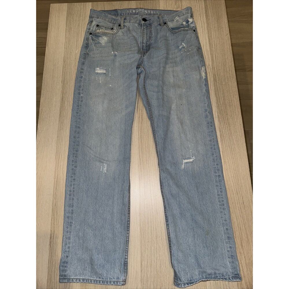 VTG Aeropostale Essex Straight Leg Jeans 34x32 Light Wash Blue Distressed Denim